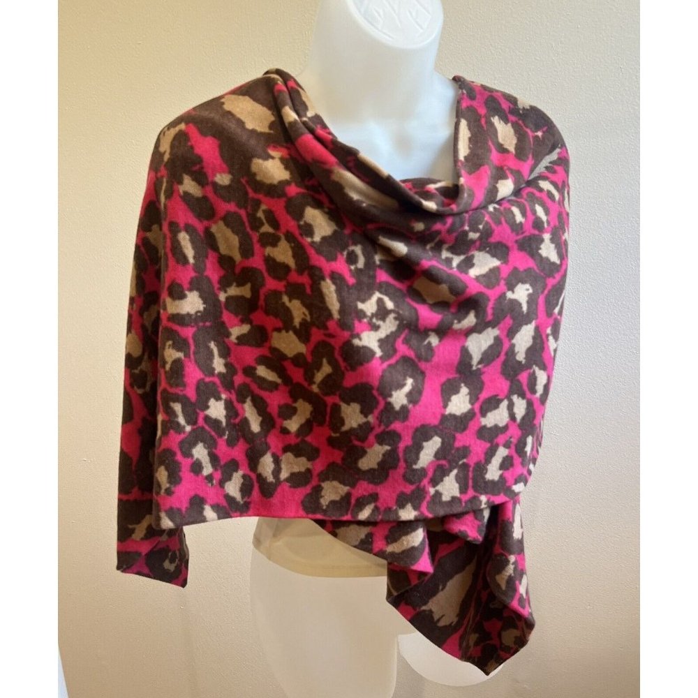 Diane Von Furstenberg 100% Wool Shawl Scarf Brown Tan Pink Leopar…